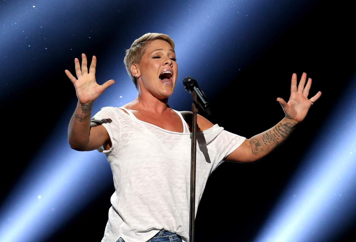 In this Jan. 28, 2018 photo, Pink performs “Wild Hearts Can’t Be Broken” at the 60th annual Grammy Awards at Madison Square Garden in New York.