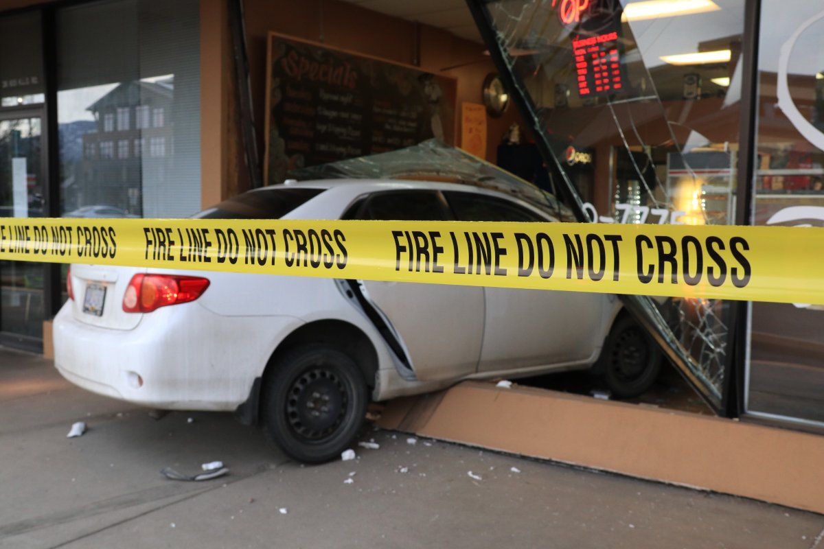 A 63-year-old Kelowna woman drove her Toyota Corolla through the front of a building on Saturday, according to police. 