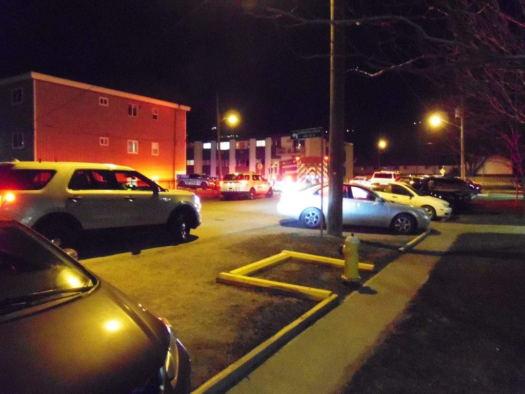 RCMP and fire crews at the scene of a stabbing that killed one person and injured three more in Kamloops, B.C., on March 28, 2020.