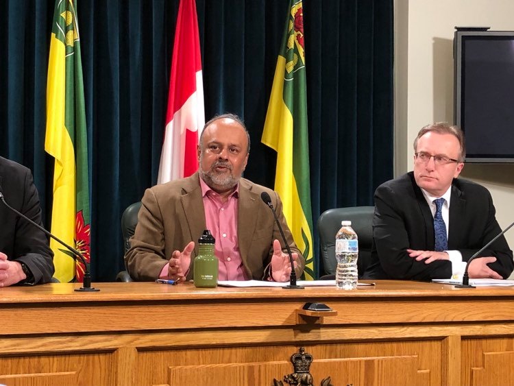 Dr. Saqib Shahab, chief medical officer of Saskatchewan, and Health Minister Jim Reiter (right) address the public on March 11 regarding the novel coronavirus. 