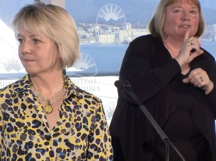 B.C.’s top health officer, Dr. Bonnie Henry, left, fields questions from the media regarding coronavirus on Saturday in Vancouver.