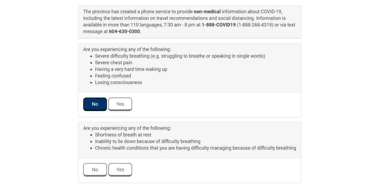 A screengrab image of the types of questions British Columbia’s self-assessment tool uses to help guide people concerned they have COVID-19.