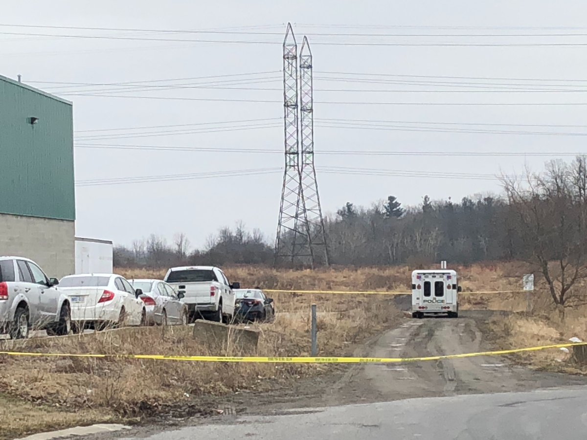 Hamilton police on the scene at an industrial area in Ancaster near Wilson Street West and Garner Road West investigating the discovery of bones on Wednesday, March 18, 2020.
