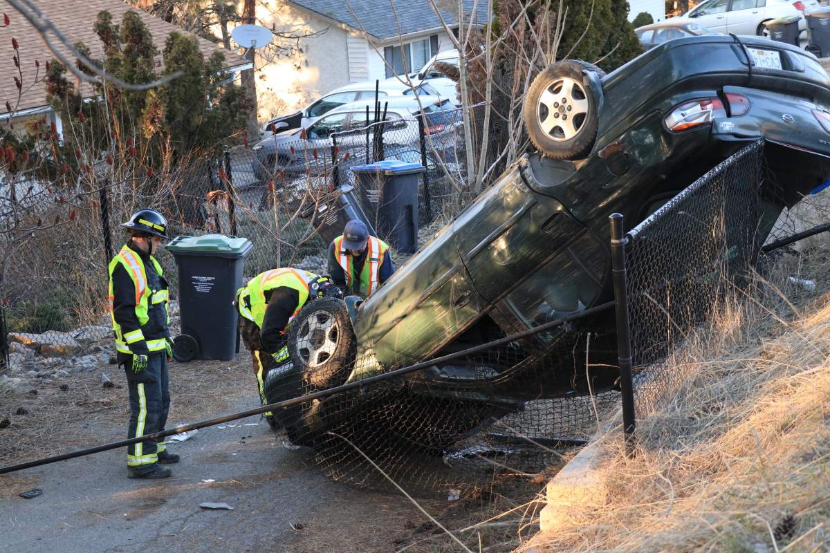 Police say there were no injuries after a vehicle went off West Kelowna's Boucherie Road and rolled onto its roof.