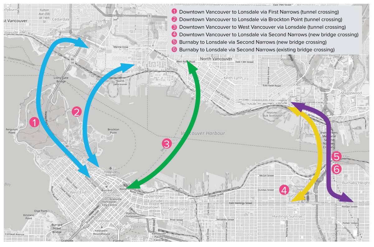 A map showing possible future rapid transit crossings to the North Shore.