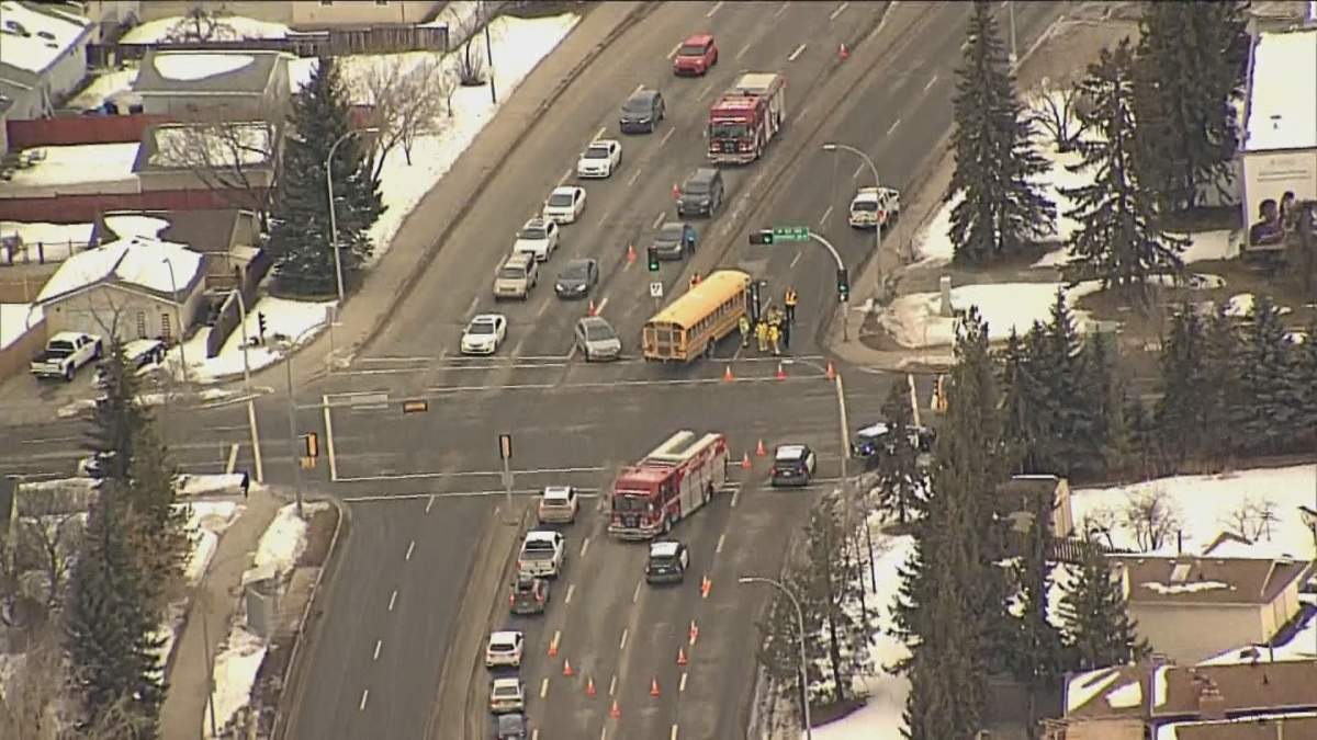 The intersection of Castle Downs Road at 162 Avenue in north Edmonton was closed Wednesday, March 4, 2020 due to a collision involving a school bus.