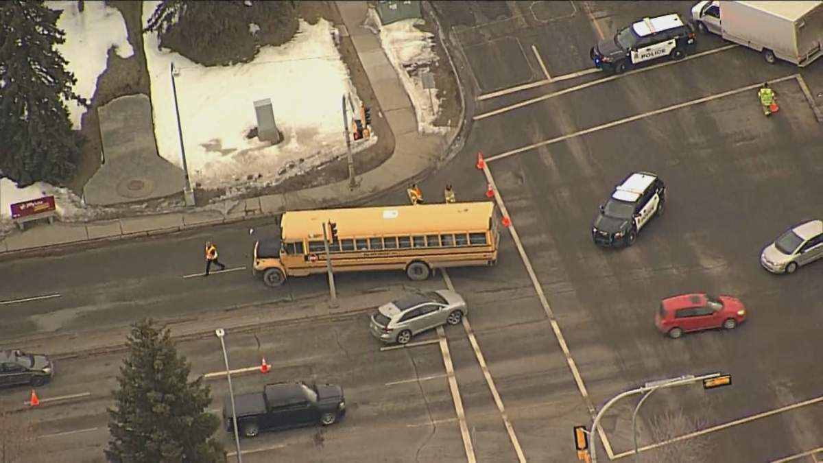 The intersection of Castle Downs Road at 162 Avenue in north Edmonton was closed Wednesday, March 4, 2020 due to a collision involving a school bus.