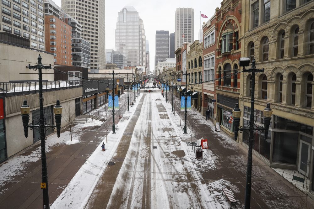 Empty downtown streets in Calgary, Alta., Wednesday, March 18, 2020, amid a worldwide COVID-19 pandemic. 