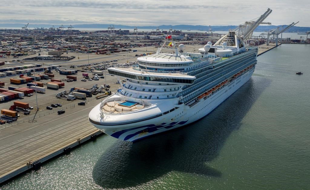The Grand Princess docks at the Port of Oakland in Oakland, Calif., on Monday, March 9, 2020.