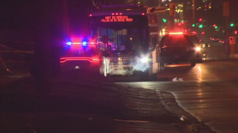 Police block off a Brampton Transit bus after a shooting Thursday evening.
