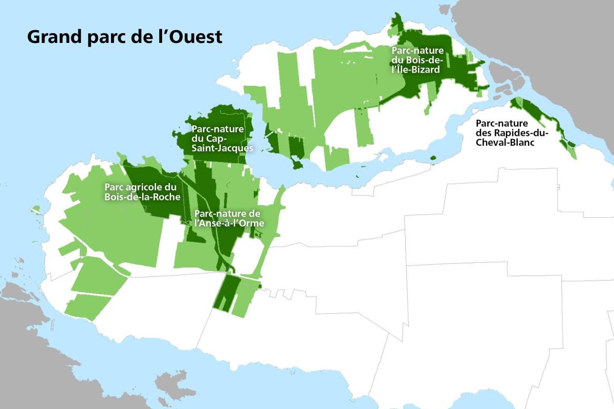 The Grand Parc de l'Ouest will include the L'Anse-à-l'Orme, Bois-de-L'île-Bizard, Bois-de-la-Roche, Cap-Saint-Jacques and Des Rapides-du-Cheval-Blanc nature parks, along with other areas of interest.
