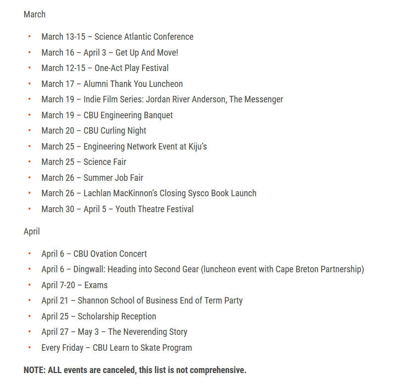 Here are all the events that are cancelled at Cape Breton University as a result of the coronavirus pandemic.