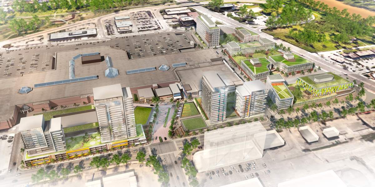 The renderings show numerous low- to mid-rise apartment buildings surrounding Polo Park.