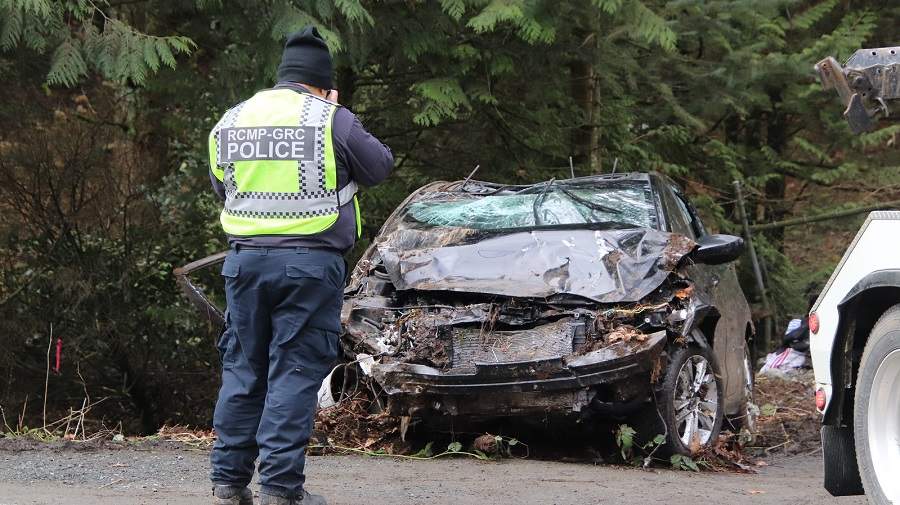 Chilliwack RCMP at the scene of a single-vehicle crash that killed a woman in her 20s on March 7, 2020.