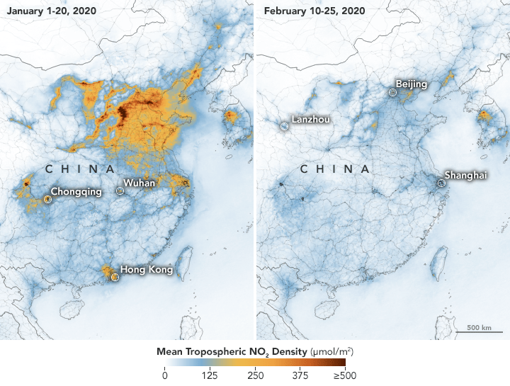 NASA and the European Space Agency detected 'significant decreases' in nitrogen dioxide levels over China.