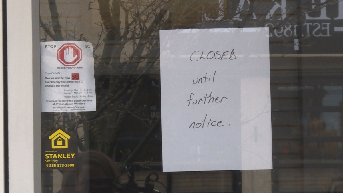 A closed sign on a Vernon, B.C. business during the coronavirus pandemic. 