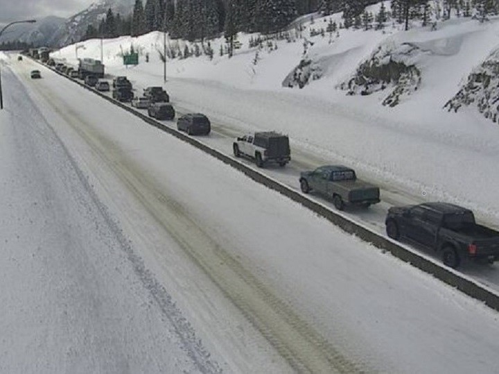 A DriveBC webcam photo showing southbound traffic delays along the Coquihalla Highway on Wednesday prior to it being cleared.