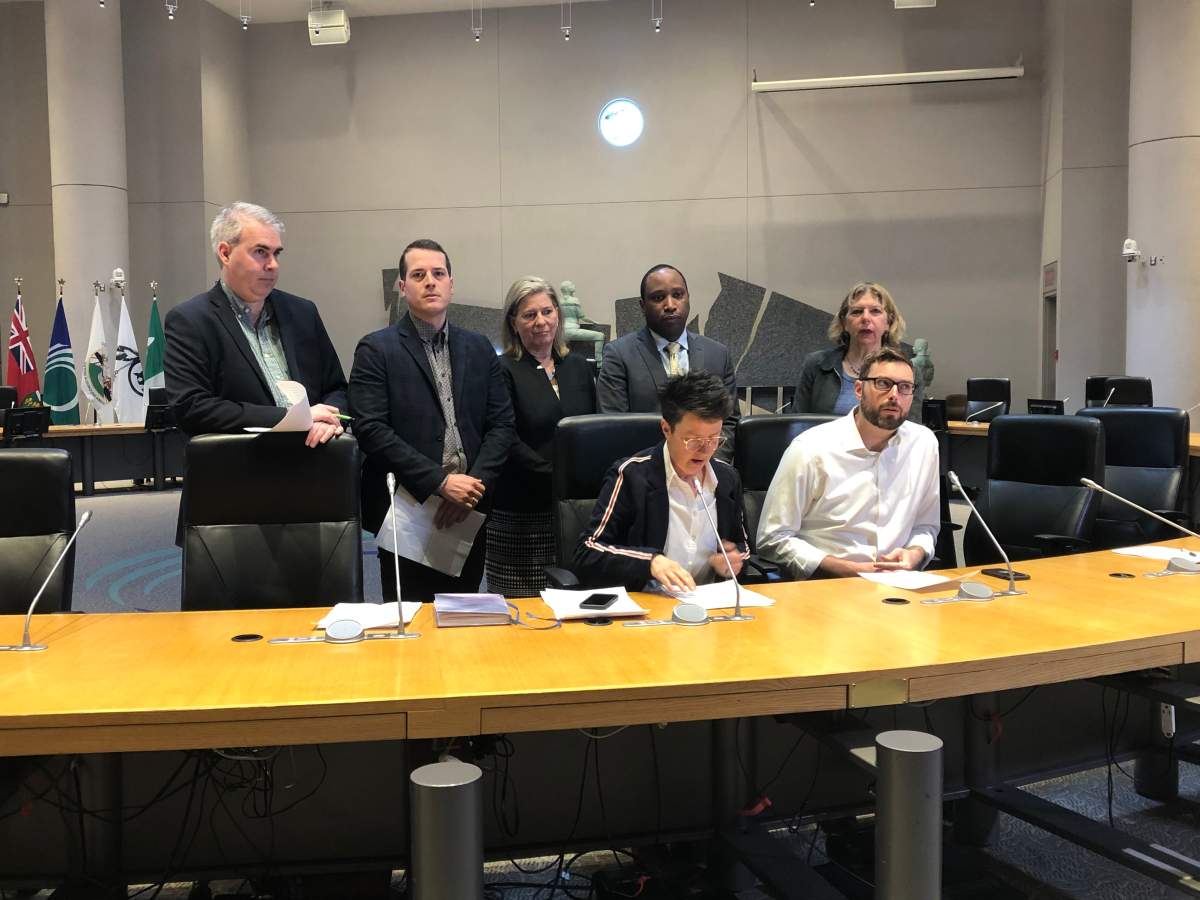 Ottawa city councillors standing from left to right: Riley Brockington, Mathieu Fleury, Carol Anne Meehan, Rawlson King and Theresa Kavanagh. Sitting, from left to right: Catherine McKenney and Shawn Menard.