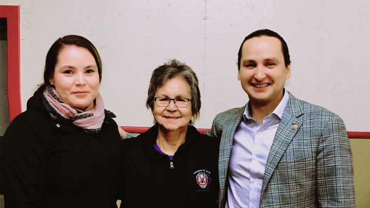 Cowessess child welfare legislation lead Marcy Large, left, is pictured band Coun. Pat Sparvier and Chief Cadmus Delorme at the nation’s ratification vote Monday.