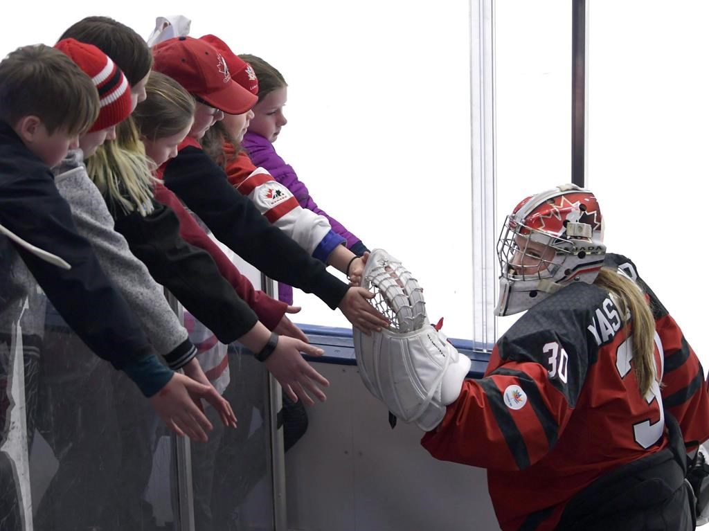 Canada's Emerance Maschmeyer (30) shakes hands with fans before the start of the IIHF Ice Hockey Women's World Championship preliminary round game against Finland, in Plymouth, Mich., on Saturday, April 1, 2017. THE CANADIAN PRESS/Jason Kryk.
