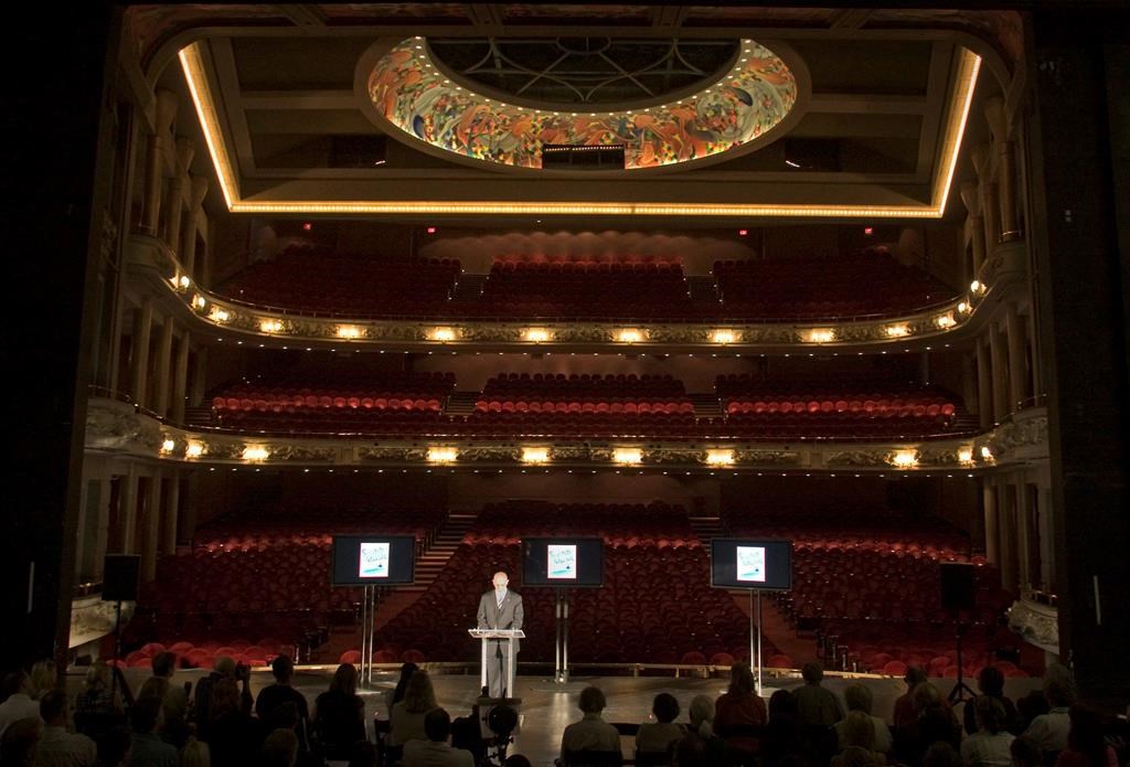 David Mirvish stands on the stage at the Princess of Wales theatre in Toronto.