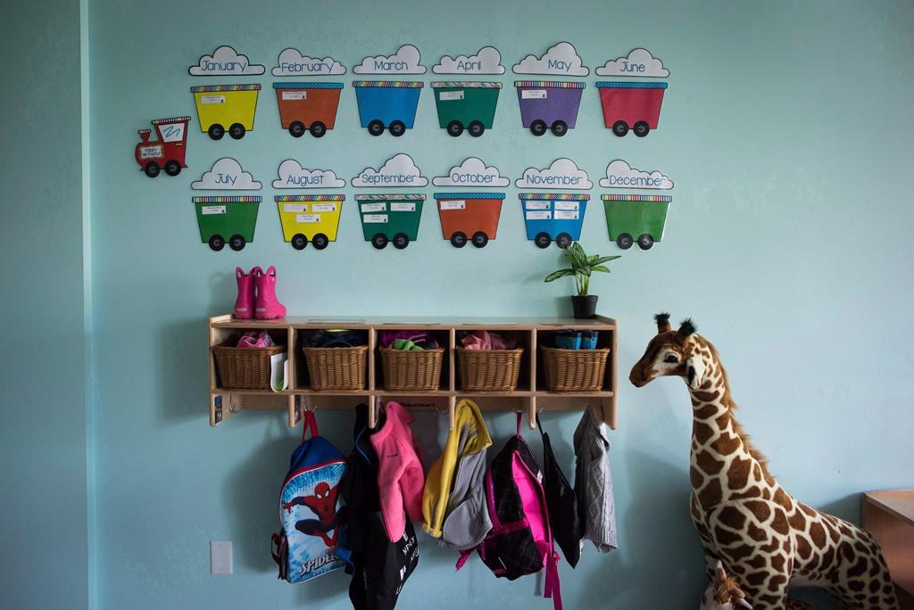 Children's backpacks and shoes are seen at a daycare.