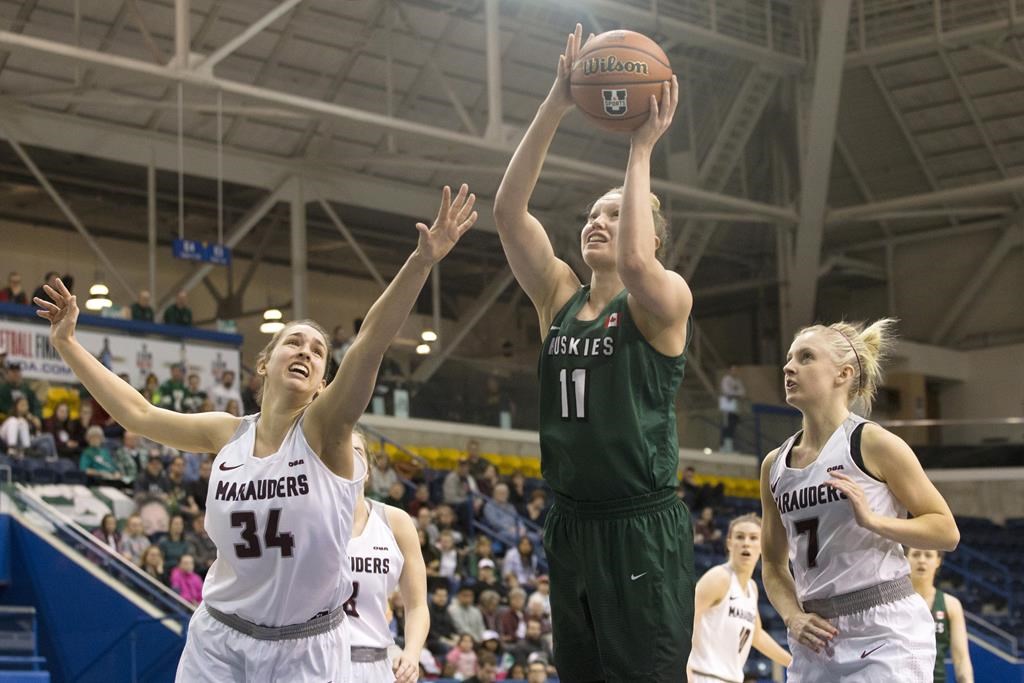 University of Saskatchewan Huskies' Summer Masikewich, centre, shoots as McMaster Marauders' Olivia Wilson, left, and teammate Erin Burns look on during U Sports Canadian women's basketball championship semifinal action, in Toronto on Saturday, March 9, 2019. The Huskies face the Carleton Ravens at the U Sports women's basketball championship on Thursday. THE CANADIAN PRESS/Chris Young.