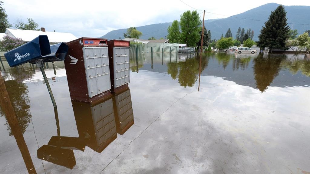Canada Post mailboxes are submerged in the floodwaters in Grand Forks, B.C., on May 17, 2018. The Canadian Press