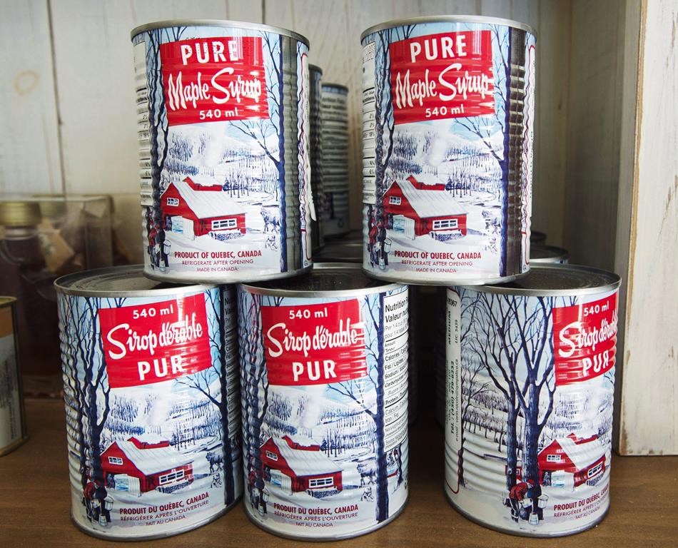 Maple syrup cans are seen at a sugar shack Friday, February 10, 2017 in Oka, Que.