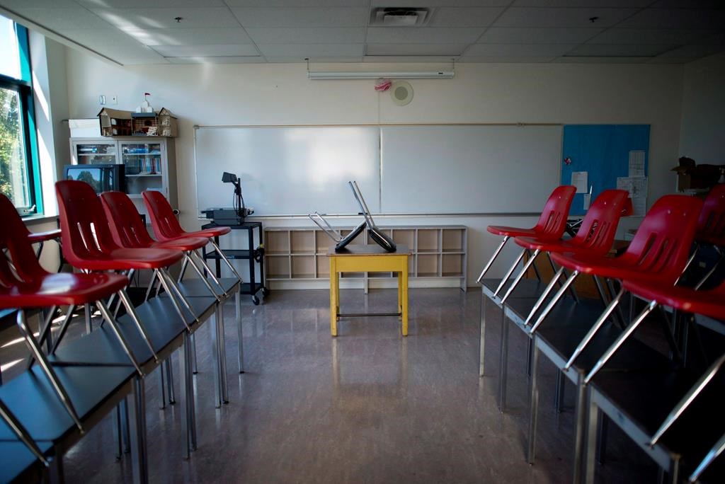 A empty classroom is pictured at McGee Secondary school in Vancouver, B.C. Friday, Sept. 5, 2014. From school closures to travel restrictions to limits on large gatherings, Canada entered a new stage in combating the spread of COVID-19 this week with measures that various experts say will almost certainly have unintended consequences. 