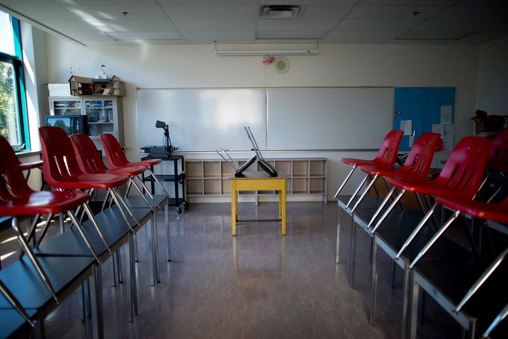 A empty classroom is pictured at McGee Secondary school in Vancouver, B.C. Friday, Sept. 5, 2014. From school closures to travel restrictions to limits on large gatherings, Canada entered a new stage in combating the spread of COVID-19 this week with measures that various experts say will almost certainly have unintended consequences. 