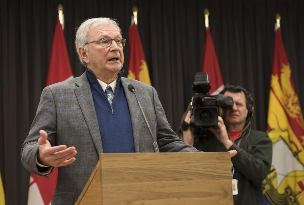 New Brunswick Premier Blaine Higgs speaks with the media in Fredericton, New Brunswick on Monday February 17, 2020.