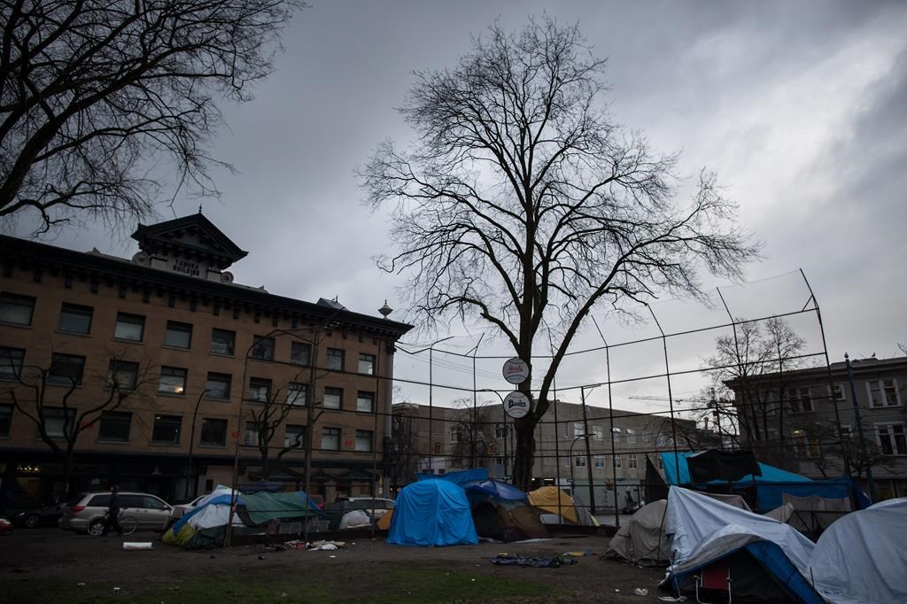 Tents are seen on a baseball diamond at a homeless camp at Oppenheimer Park in the Downtown Eastside of Vancouver, on Friday December 13, 2019.