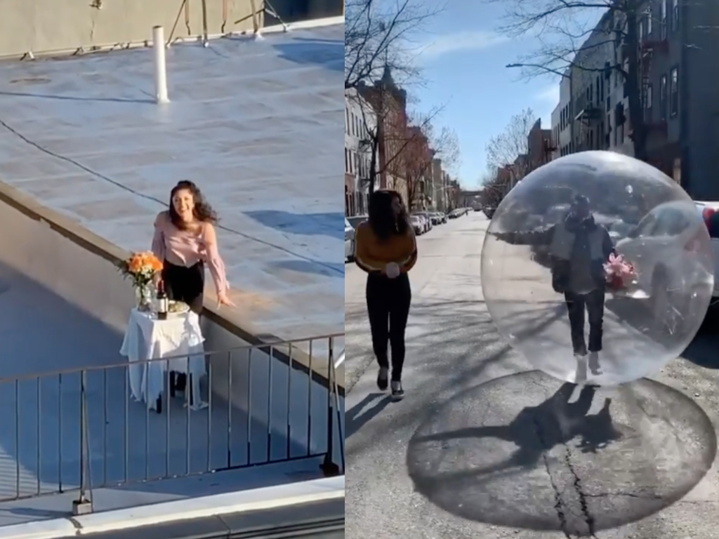 New York City photographer Jeremy Cohen asked his neighbour out on a date with his drone, adhering to coronavirus social distancing rules.