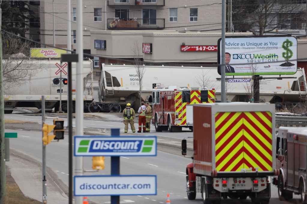 Kingston firefighters on standby near a train derailment in Kingston’s west end.
