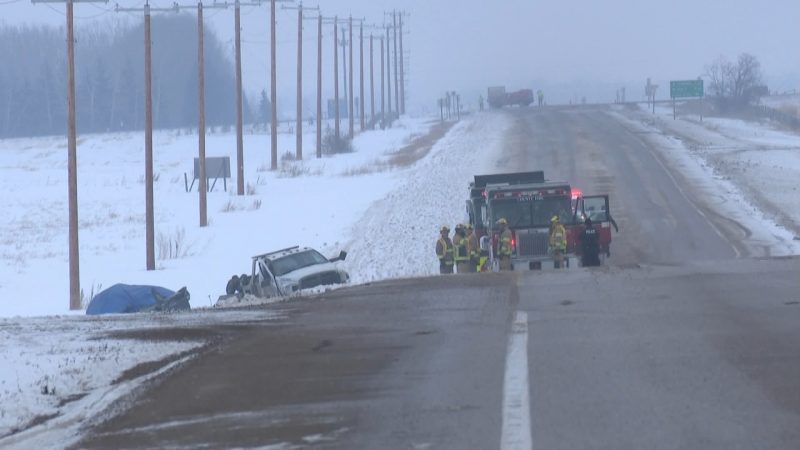 Emergency crews respond to a fatal crash east of Calgary near Langdon, Alta. on Wednesday, March 18, 2020.