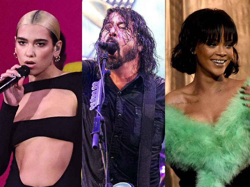 (L-R) Dua Lipa, Dave Grohl of Foo Fighters and Rihanna.