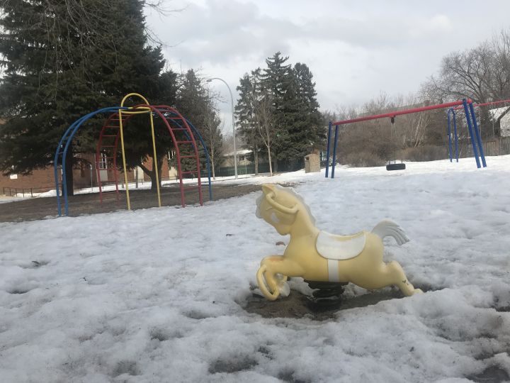 A photo of a playground at 97 Street and 74 Avenue in Edmonton taken on March 23, 2020.