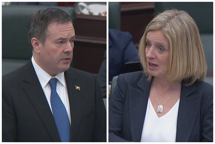 Premier Jason Kenney and Official Opposition Leader Rachel Notley speak during the emergency debate over the COVID-19 response in the Alberta legislature on Monday, March 16, 2020.