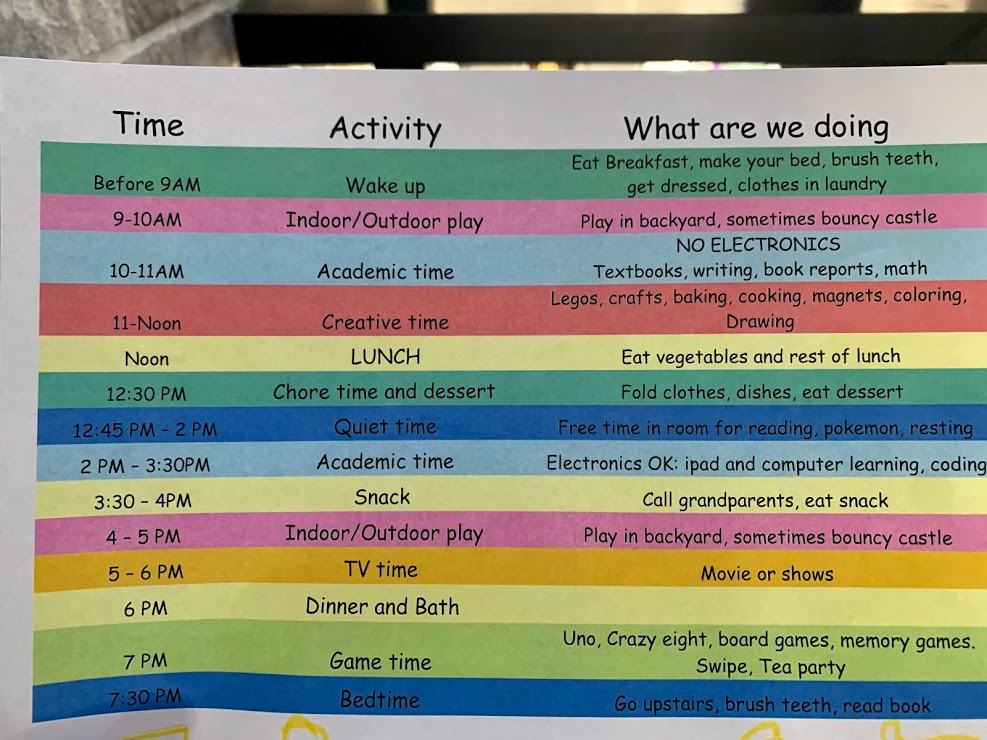 Farah Nasser’s colour-coded activity schedule for her children.