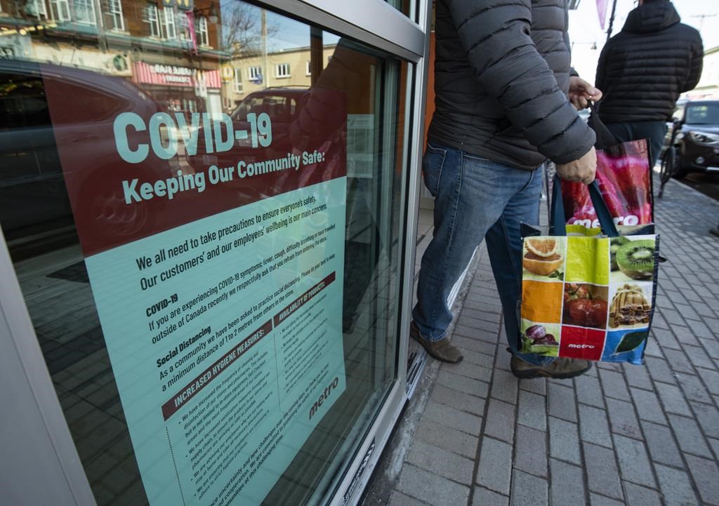 The regular routine of grocery shopping still creates a boatload of questions in the age of COVID-19. A sign indicating policies in response to COVID-19 is posted on the door of a grocery store in Ottawa on Tuesday, March 24, 2020. 