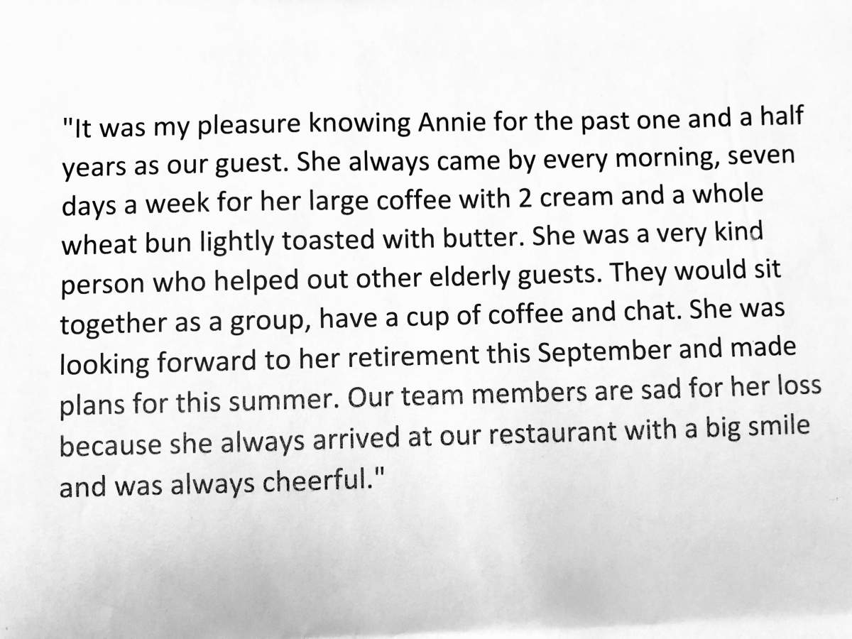 A written statement by an employee of the Tim Hortons that Hang-Kam Annie Chiu visited every morning.