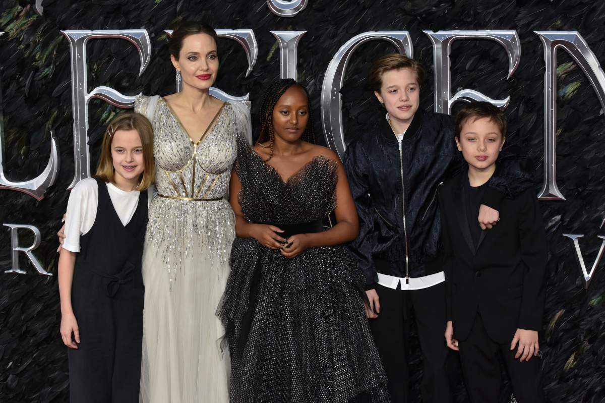 Vivienne Jolie-Pitt, Angelina Jolie, Zahara Jolie-Pitt, Shiloh Jolie-Pitt and Knox Leon Jolie-Pitt attend the 'Maleficent: Mistress of Evil' European premiere at the BFI IMAX Waterloo in London, U.K. 