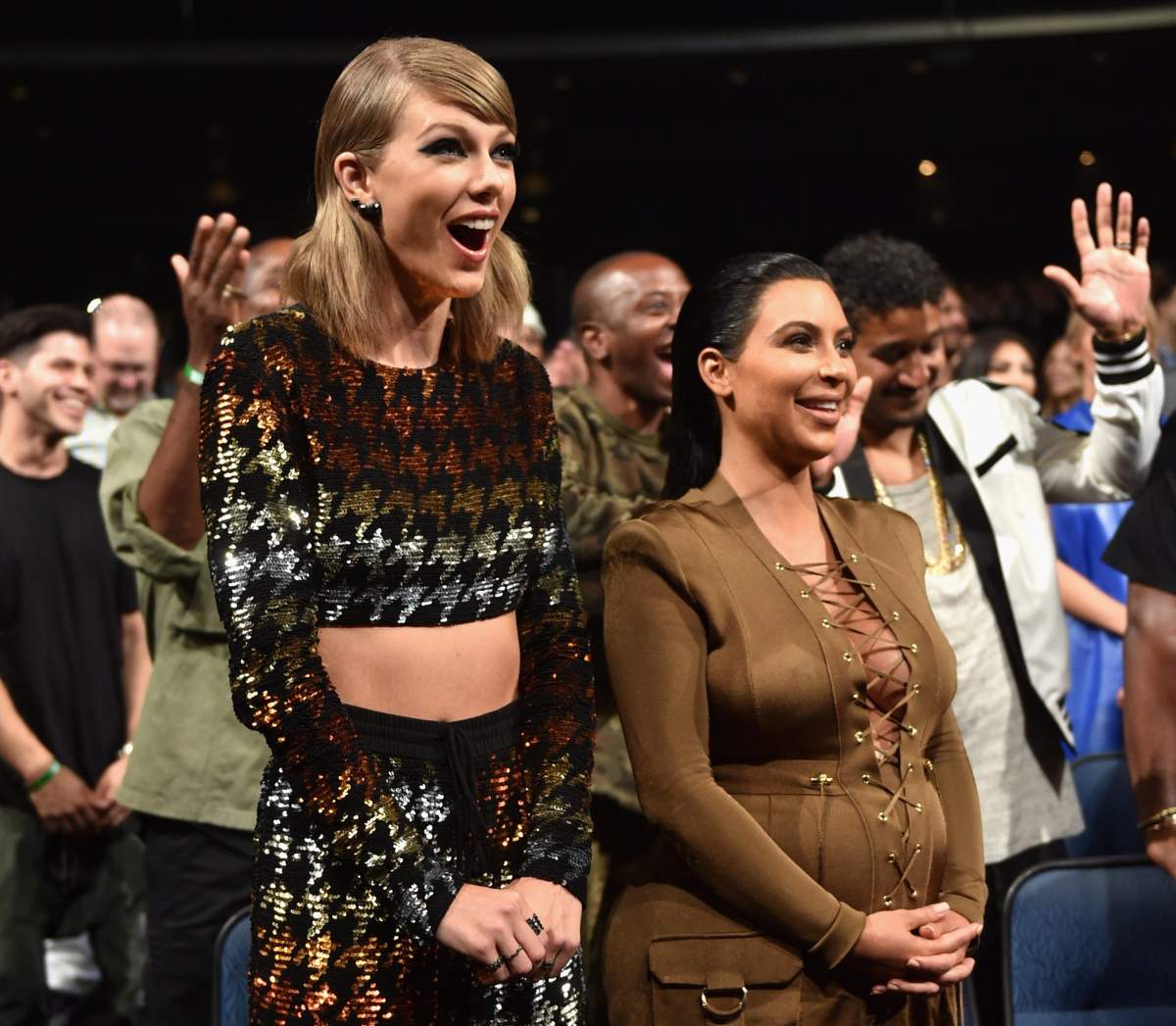 LOS ANGELES, CA - AUGUST 30:  Singer-songwriter Taylor Swift and TV personality Kim Kardashian in the audience during the 2015 MTV Video Music Awards at Microsoft Theater on August 30, 2015 in Los Angeles, California.  (Photo by John Shearer/Getty Images).