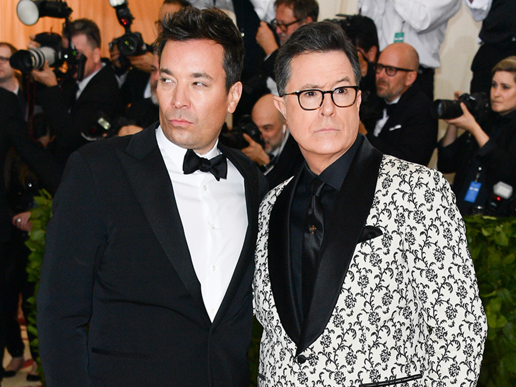 Stephen Colbert (R) and Jimmy Fallon attend the Heavenly Bodies: Fashion & The Catholic Imagination Costume Institute Gala at Metropolitan Museum of Art on May 7, 2018 in New York City.