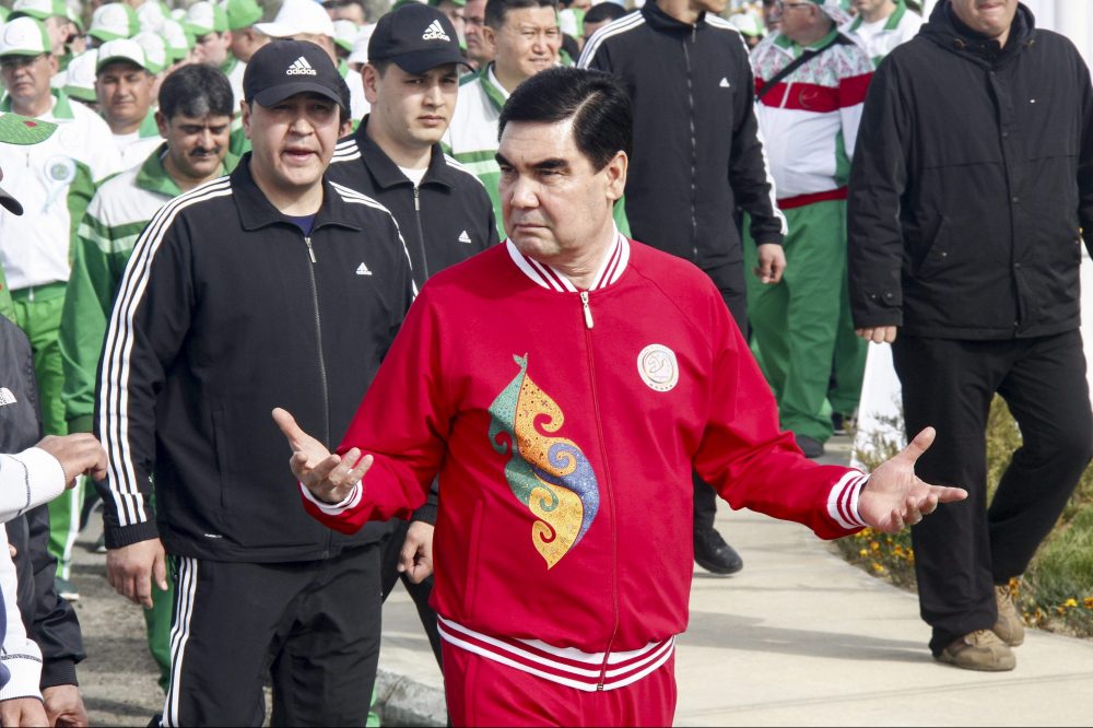 In this Friday, April 7, 2017 photo Turkmen President Gurbanguly Berdymukhamedov attends the opening ceremony of a new sports complex at the new tourist zone of Awaza on the Caspian Sea in Turkmenistan.