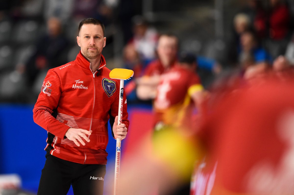 Team Newfoundland skip Brad Gushue takes on Team Nunavut at the Brier in Kingston, Ont., on Tuesday, March 3, 2020. 