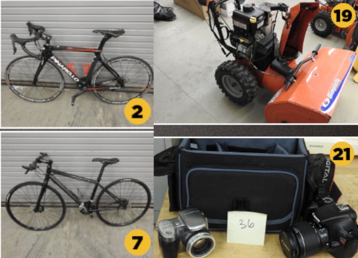 Police say 13 bikes, three cameras, and a handful of power tools are stolen property that were picked up after a drug  bust in Grimsby.