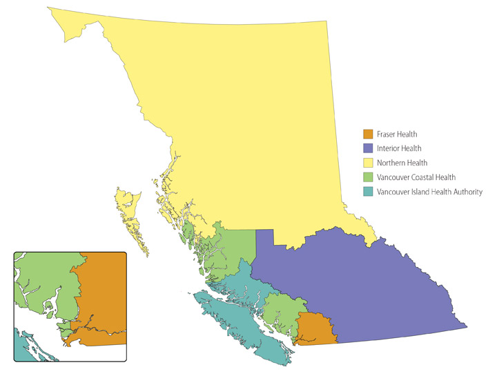 A map of British Columbia’s five health regions.