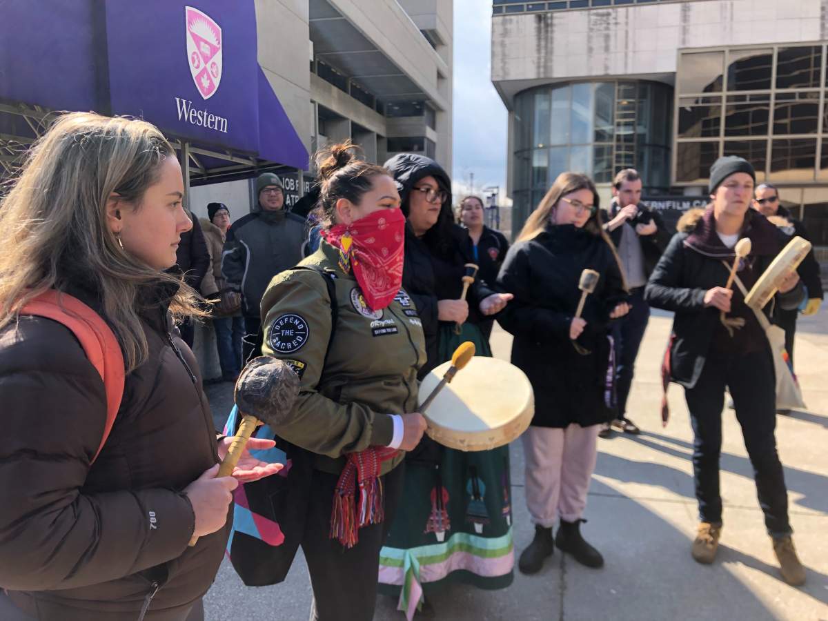 Demonstrators gathered in solidarity with the Wet’suwet’en hereditary chiefs on Western University’s Concrete Beach on Wed., March 4, 2020.
